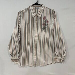 VTG BonWorth Women's L Striped Floral‎ Embroidered Button Up Shirt
